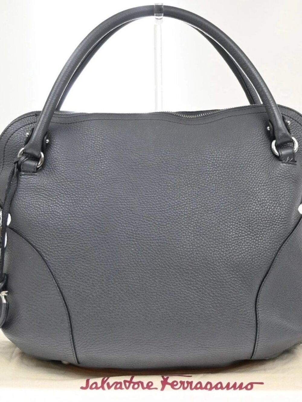 SALVATORE FERRAGAMO Logo Gancini Shoulder Hand Bag Leather Gray Italy 67KD031